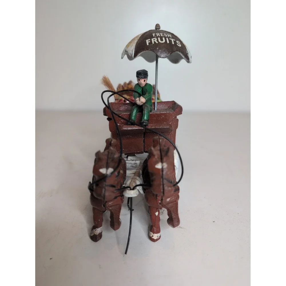 ANTIQUE Cast Iron Fruit Vegetable Wagon Horses Vintage Rustic Primitive Driver
